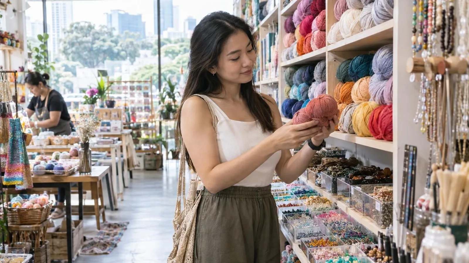 A woman choosing a skein of yarn from shelves of yarn and bead trays in a bright craft shop
