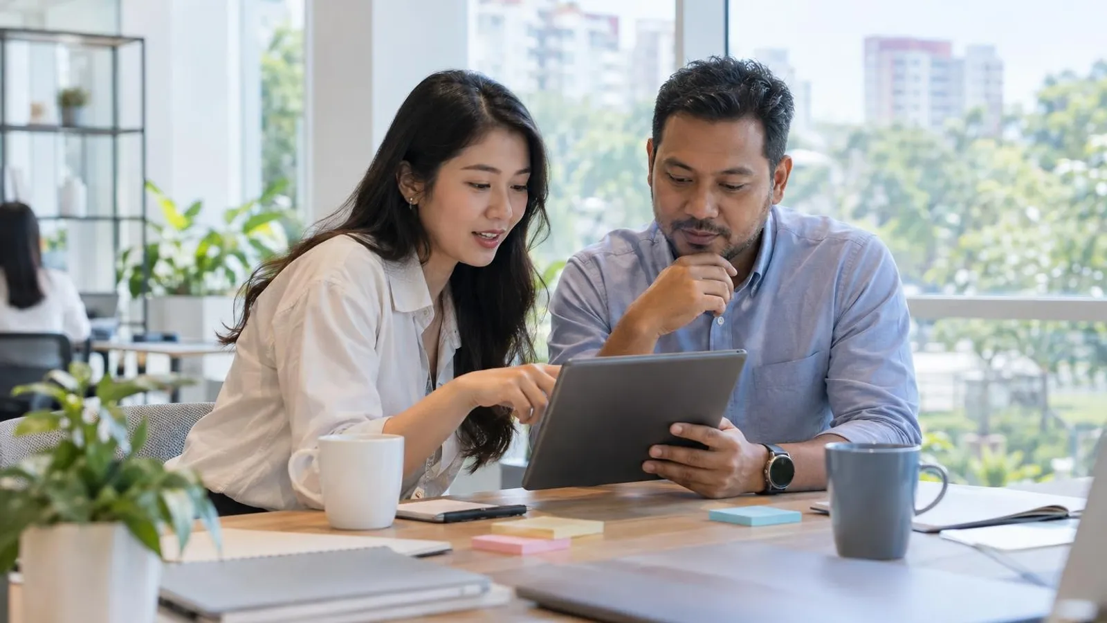 A consultant and a sales manager reviewing a customer pipeline on a tablet at a bright office table