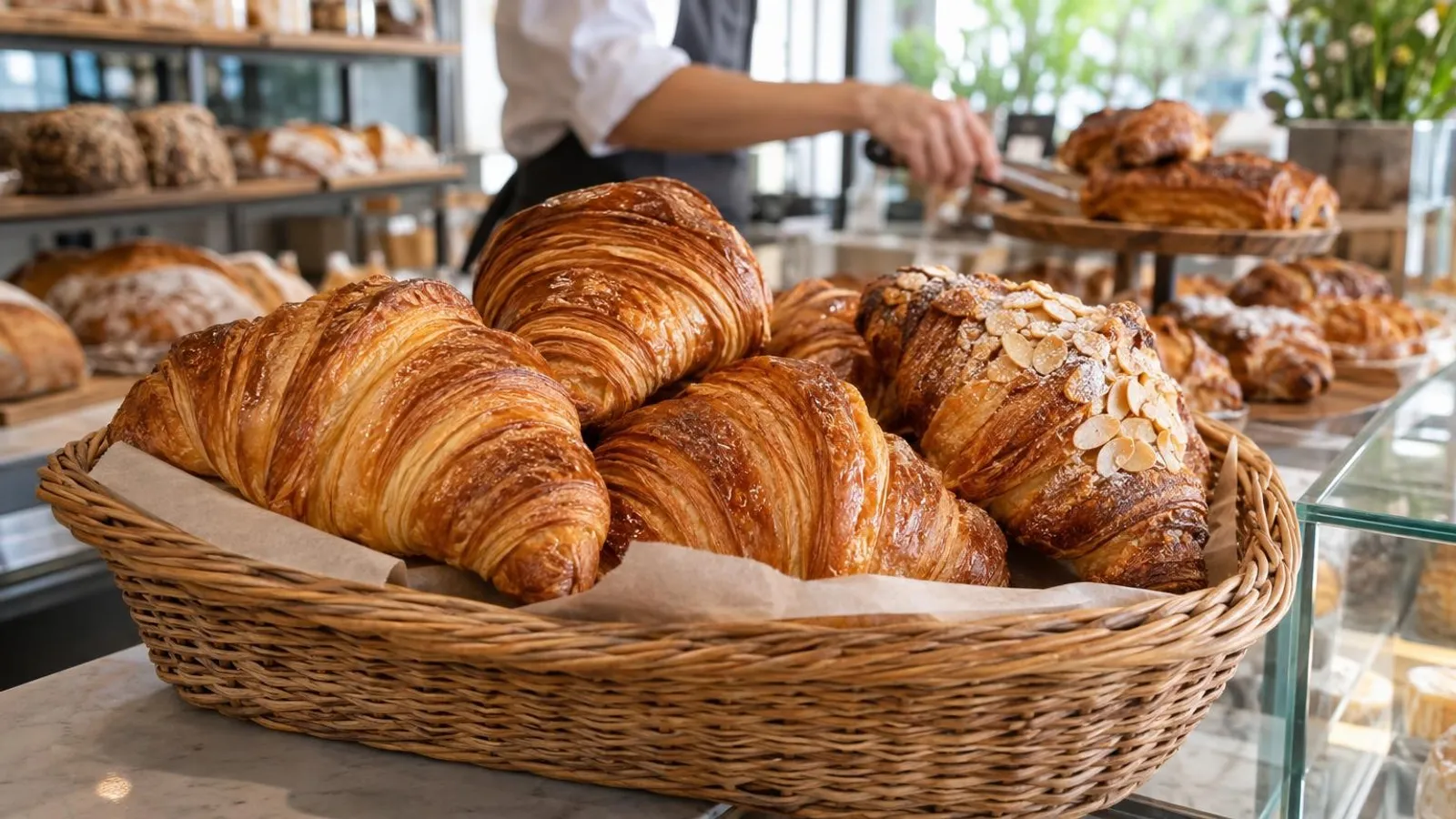 A basket of golden flaky butter croissants at a Singapore bakery with buttery layers visible