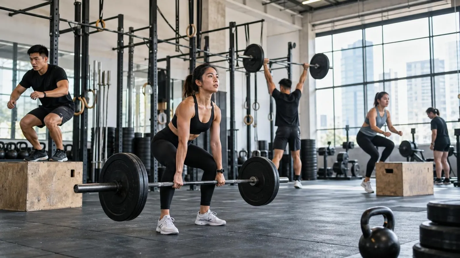A CrossFit class doing barbell lifts and box jumps at a Singapore functional-fitness gym