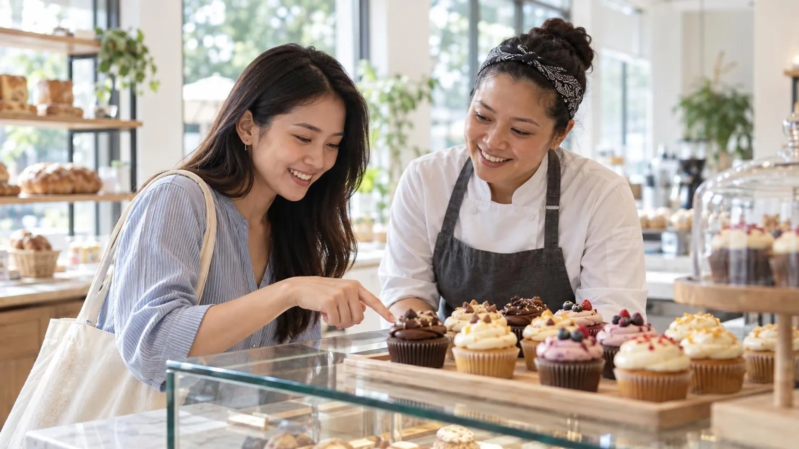 Cupcakes: a customer and a provider in a bright, modern setting