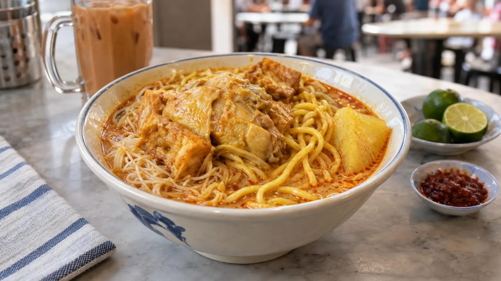 A bowl of curry chicken noodle in coconut curry with chicken, tau pok and potato in Singapore