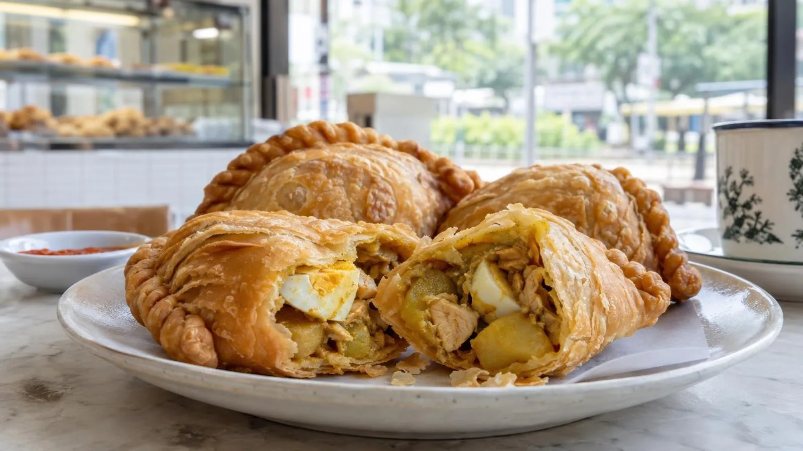 A plate of golden crispy curry puffs, one broken open to show the curried filling, at a bright Singapore snack shop