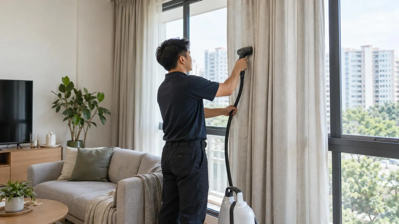 A technician steam-cleaning tall hanging curtains at a large HDB living-room window