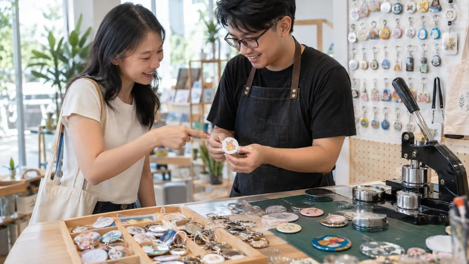 Custom Badge and Keychain Makers: a customer and a provider in a bright, modern setting