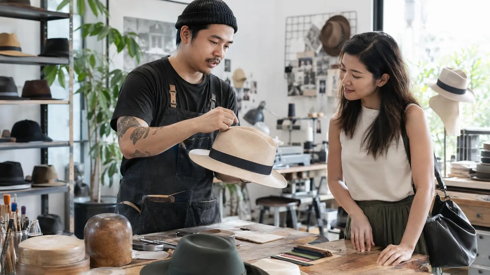 Custom Cap and Hat Makers: a customer and a provider in a bright, modern setting