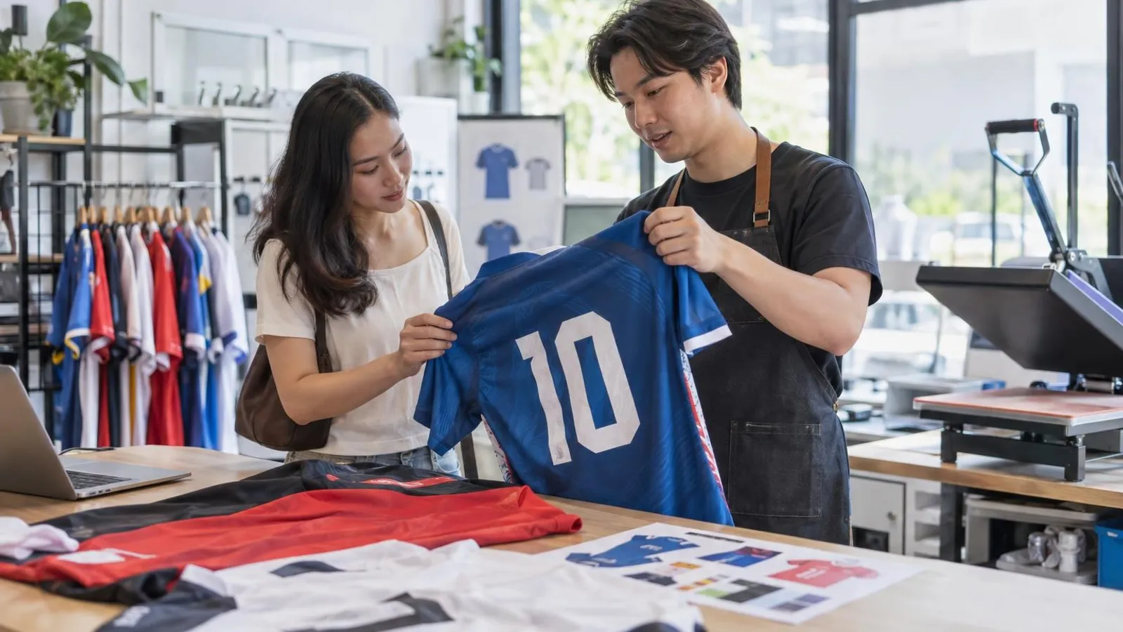Custom Jersey Printing Services: a customer and a provider in a bright, modern setting