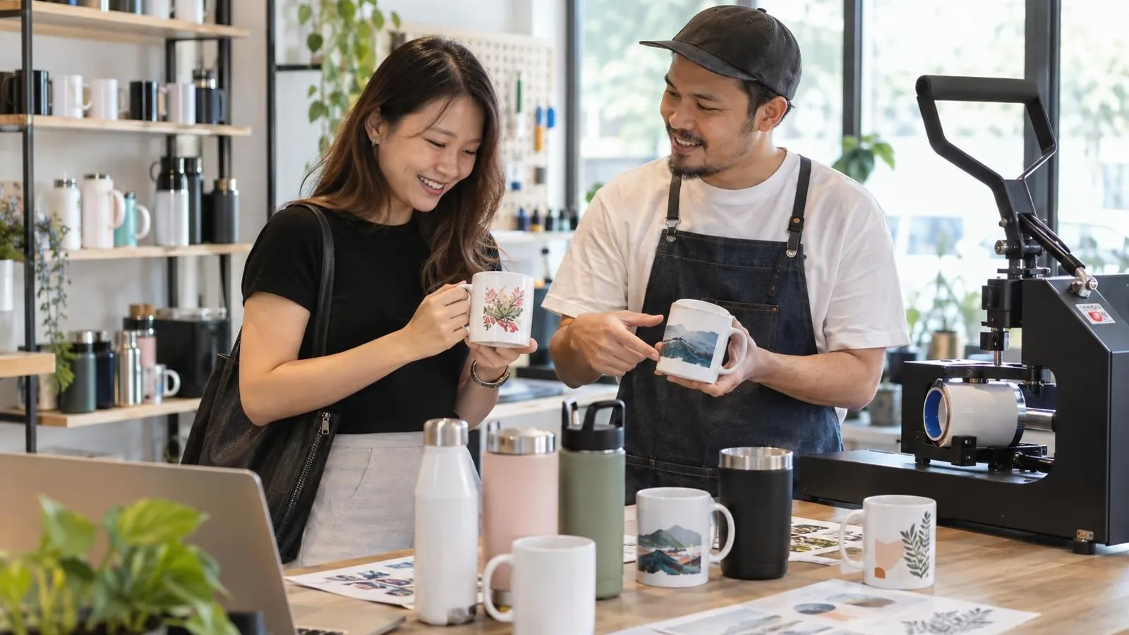 Custom Mug and Drinkware Printing Services: a customer and a provider in a bright, modern setting