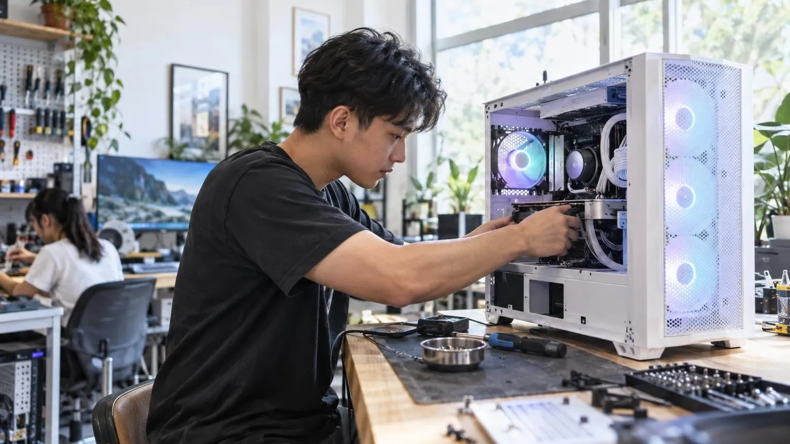 A builder assembling a custom gaming PC with neat cable routing and colourful lighting in a bright workshop
