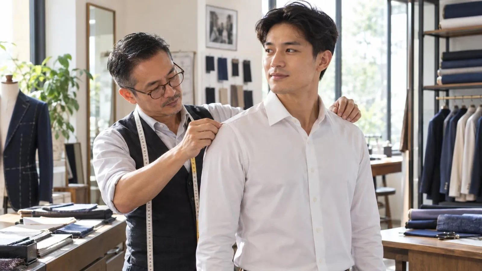 Custom Shirt Makers: a customer and a provider in a bright, modern setting
