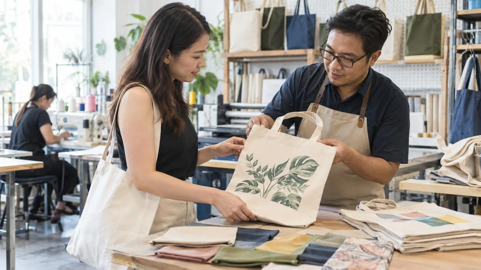 Custom Tote Bag Suppliers: a customer and a provider in a bright, modern setting