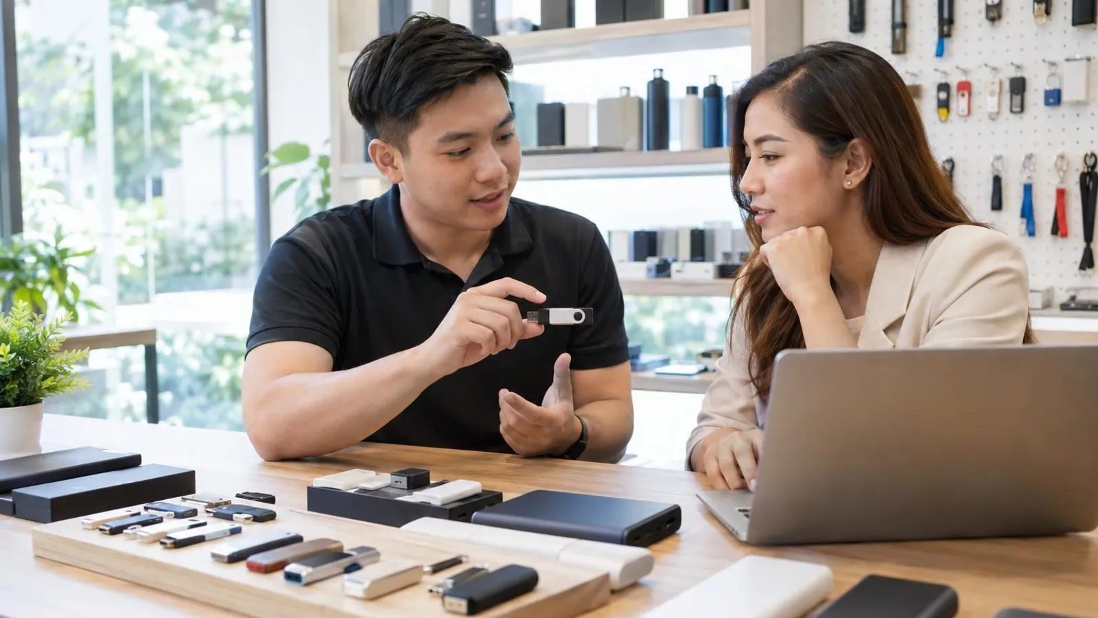 Custom USB Drive and Power Bank Suppliers: a customer and a provider in a bright, modern setting