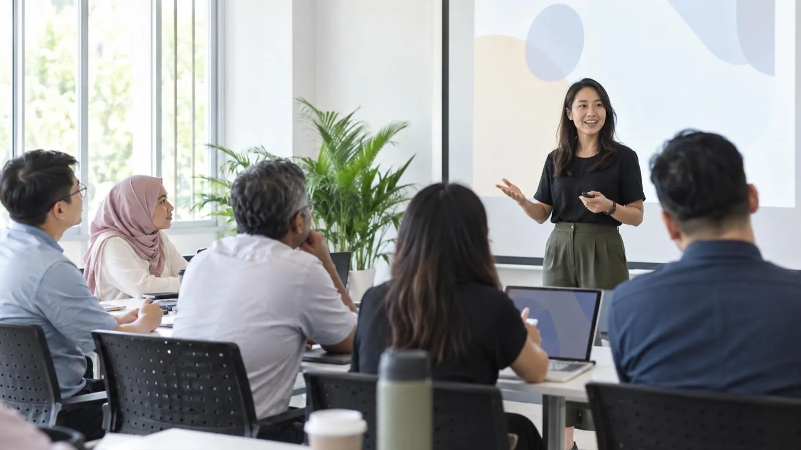 A trainer presenting to a group of office workers in a bright training room