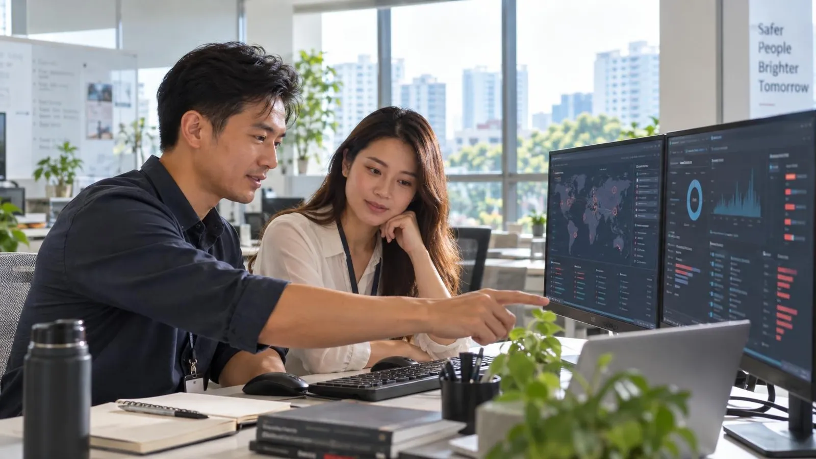 Cybersecurity professionals reviewing security dashboards on multiple monitors in a bright Singapore office