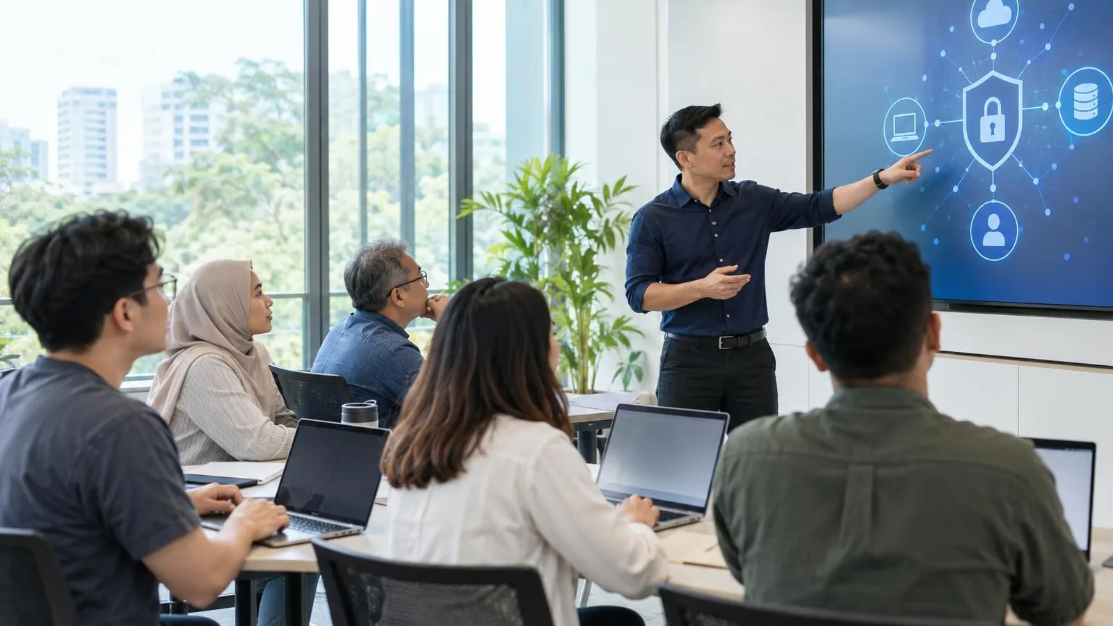Adult learners at laptops while an instructor presents a network-security diagram on a large screen in a bright training room