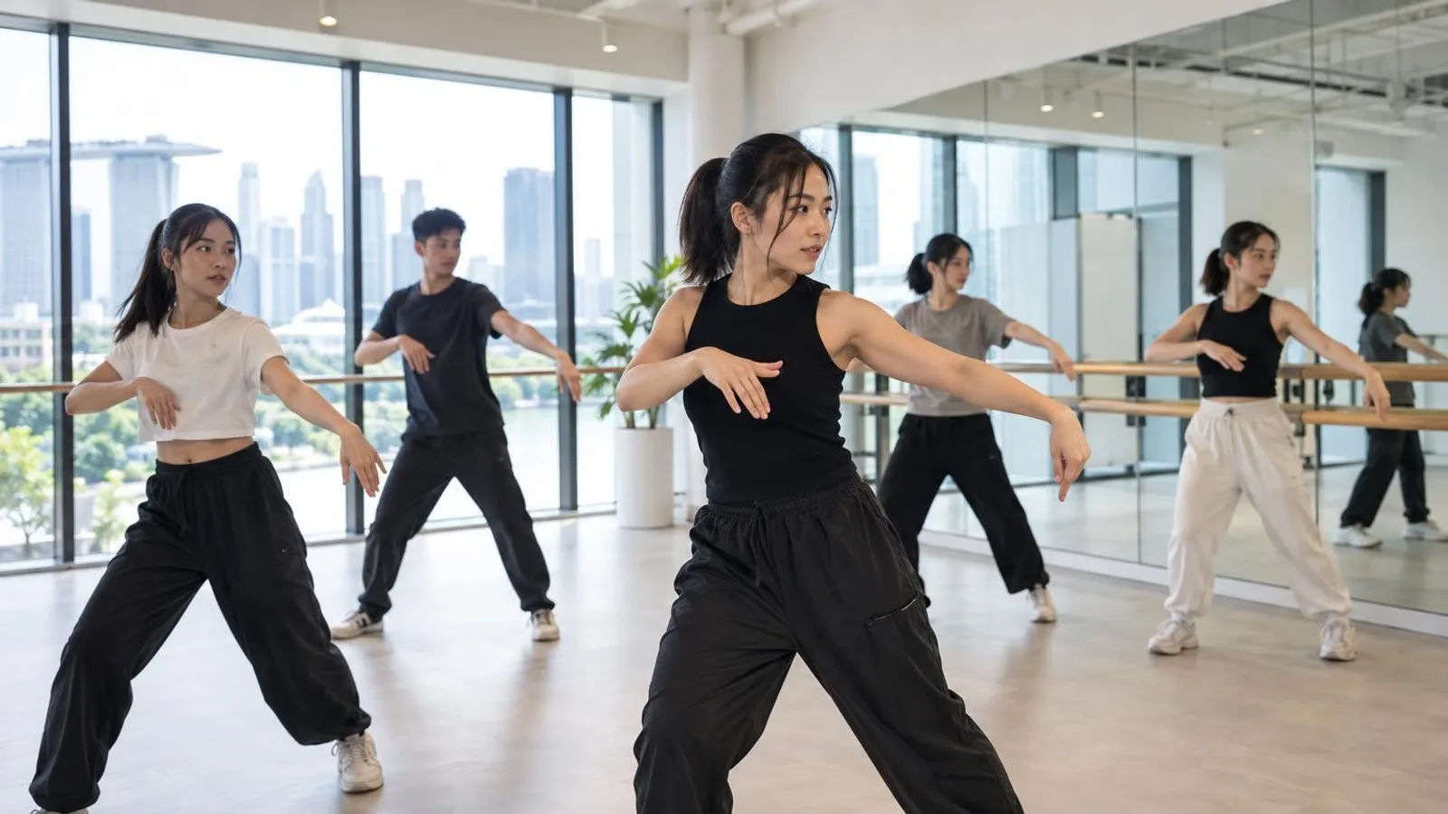 A dance instructor leading students in a routine in a bright mirrored Singapore dance studio