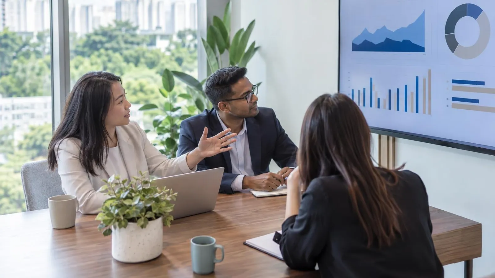 Two consultants reviewing abstract charts on a large monitor with a client in a bright meeting room