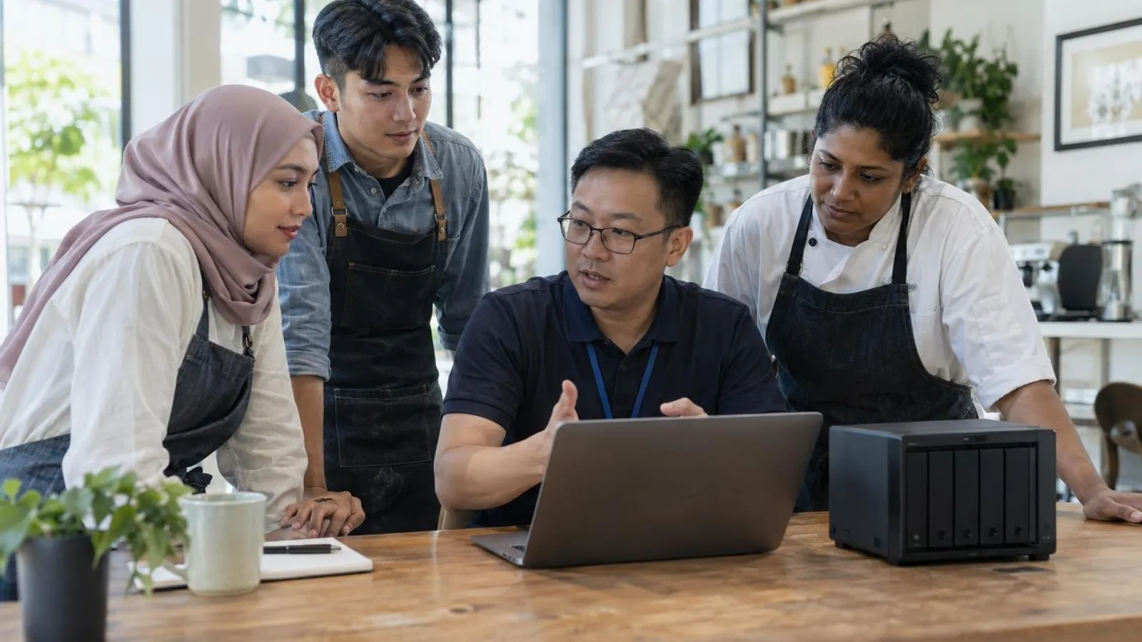 A small-business team reviewing a backup plan with an IT consultant around a laptop and a network storage device