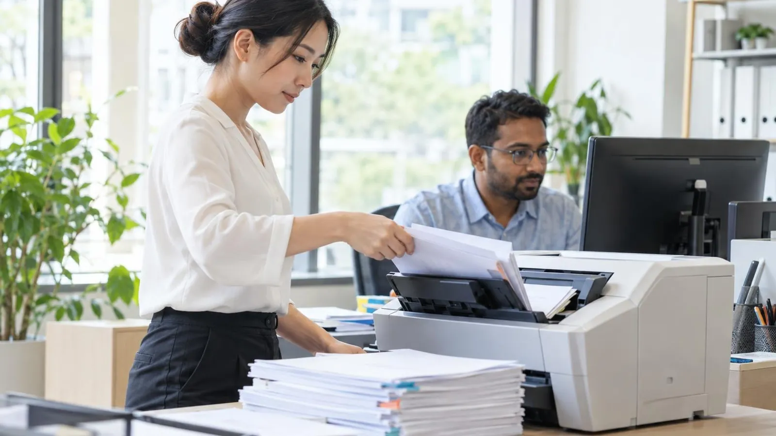 A staff member feeding stacks of documents into a bright office document scanner while a colleague checks a monitor