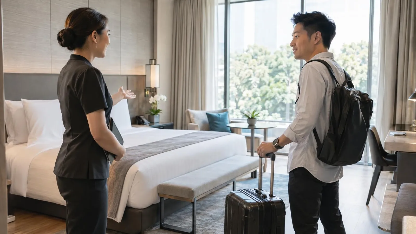 Day-Use Hotel Rooms and Transit Hotels: a customer and a provider in a bright, modern setting