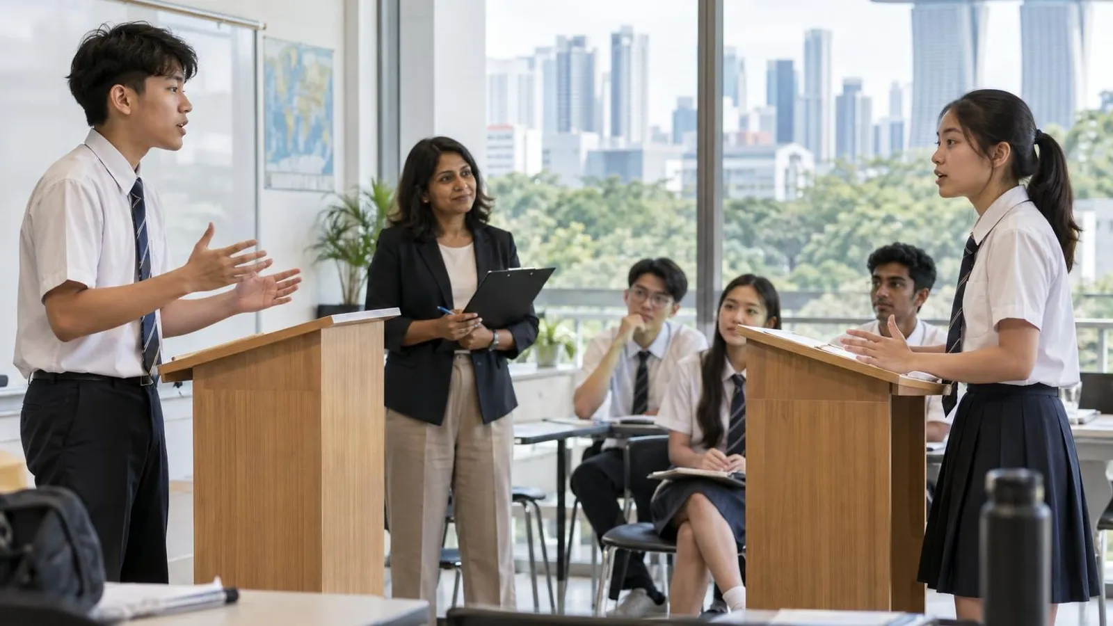 Two teenage students debating at lecterns while a coach and classmates watch