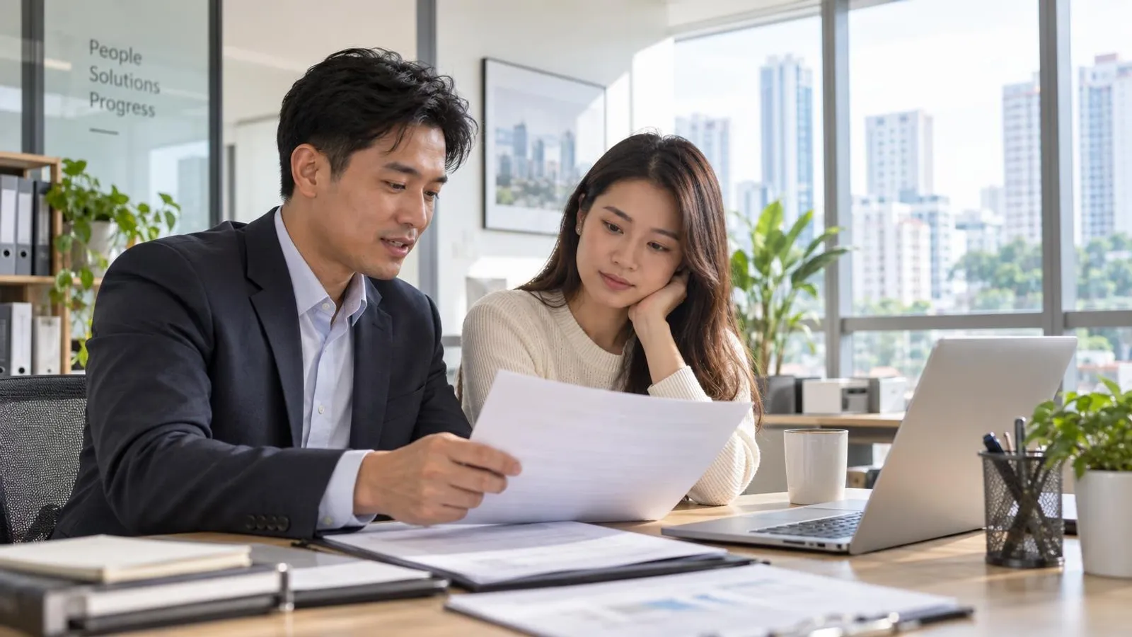 A debt-recovery consultant reviewing account documents at a desk in a bright modern Singapore office