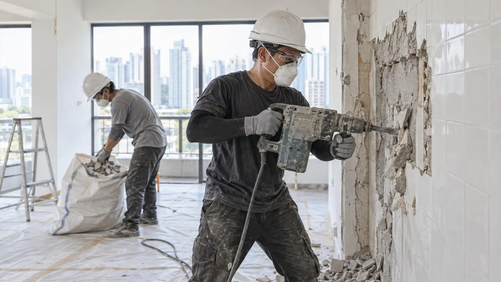 Workers in hard hats and dust masks hacking a tiled wall in an apartment during renovation