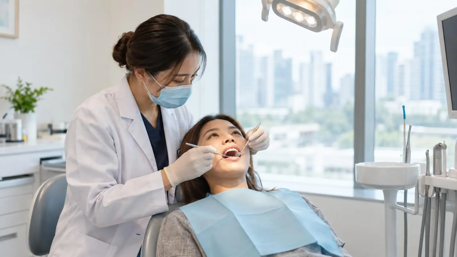 A dentist examining a patient in a bright modern Singapore dental clinic