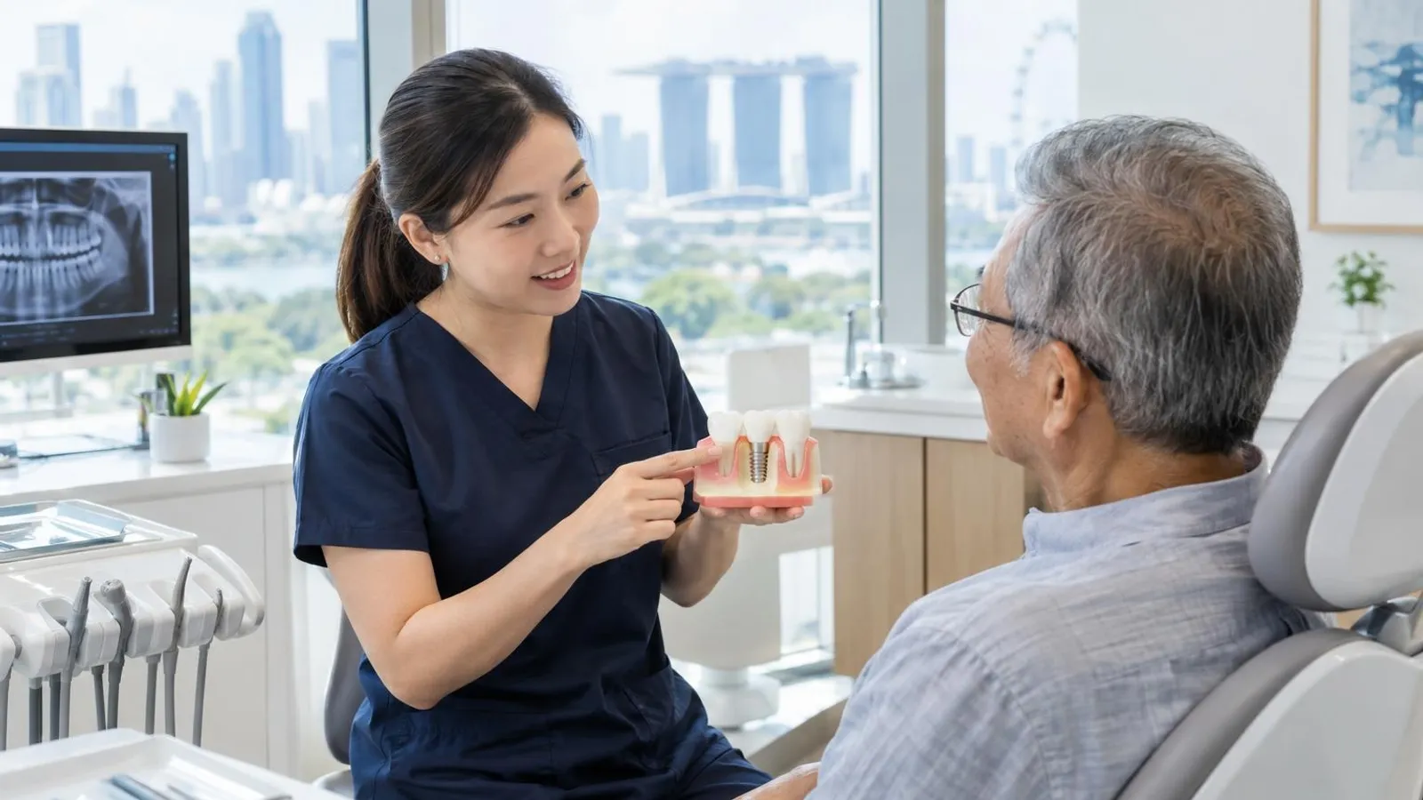 A dentist showing a dental implant model to a relaxed patient in a bright modern Singapore dental clinic