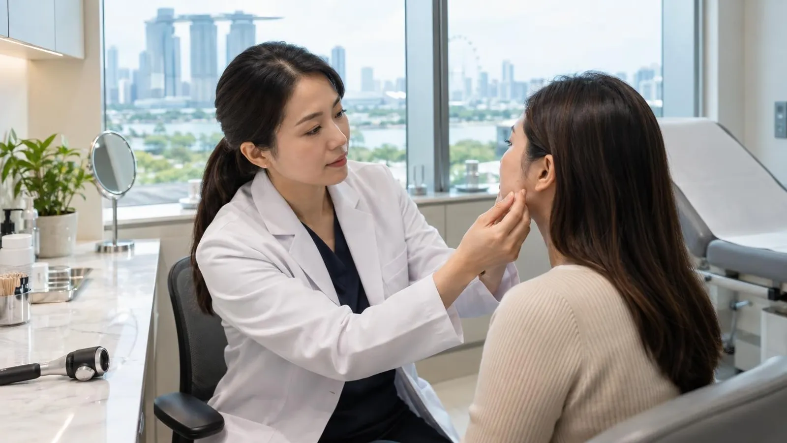 A bright modern dermatology clinic consultation room in Singapore with an examination area and dermatoscope