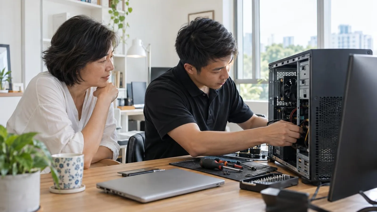 A technician repairing a desktop computer tower at a customer's bright home study with tools laid out on a mat