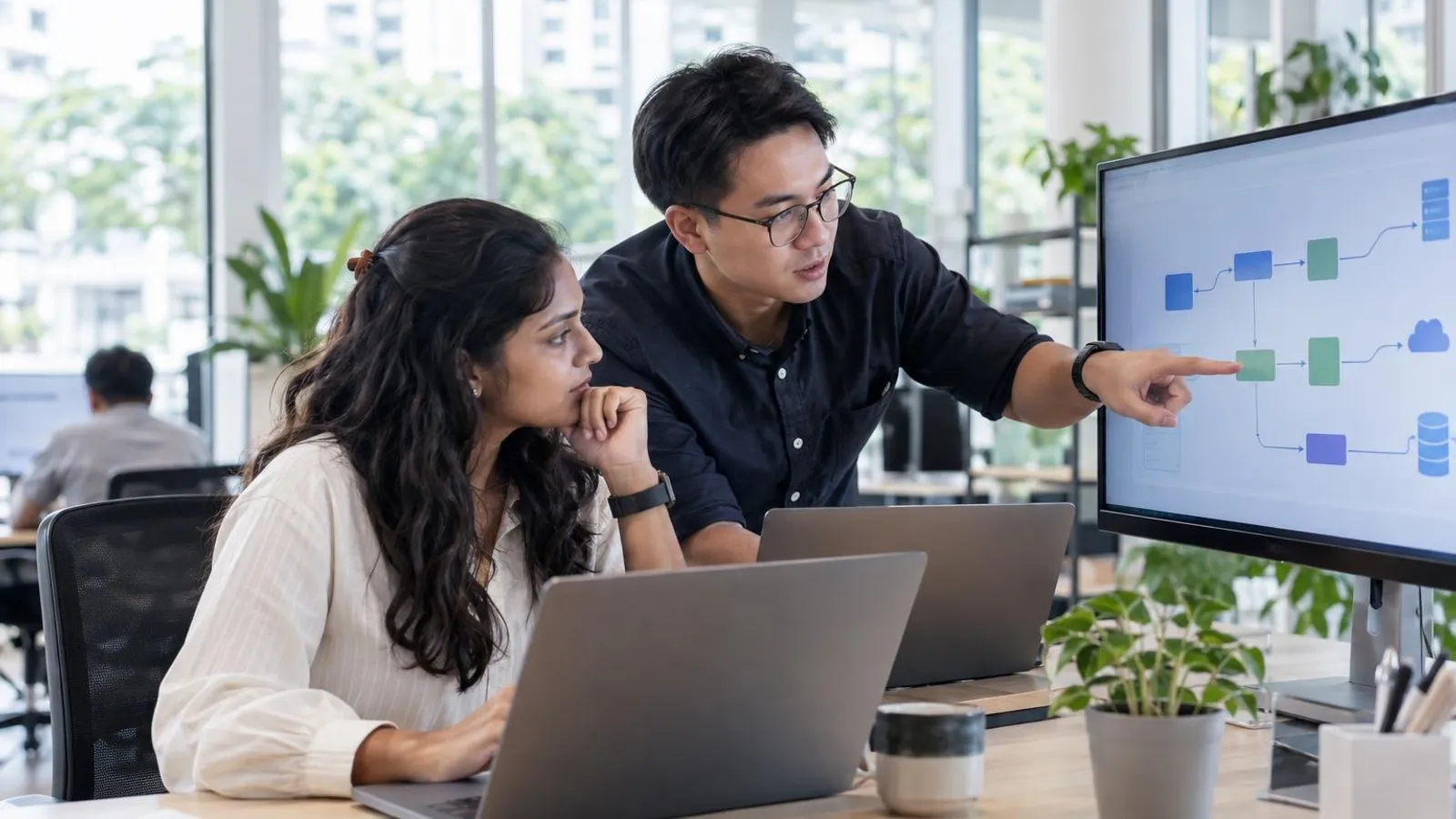 Two engineers reviewing an abstract deployment pipeline diagram on a large monitor in a bright modern office