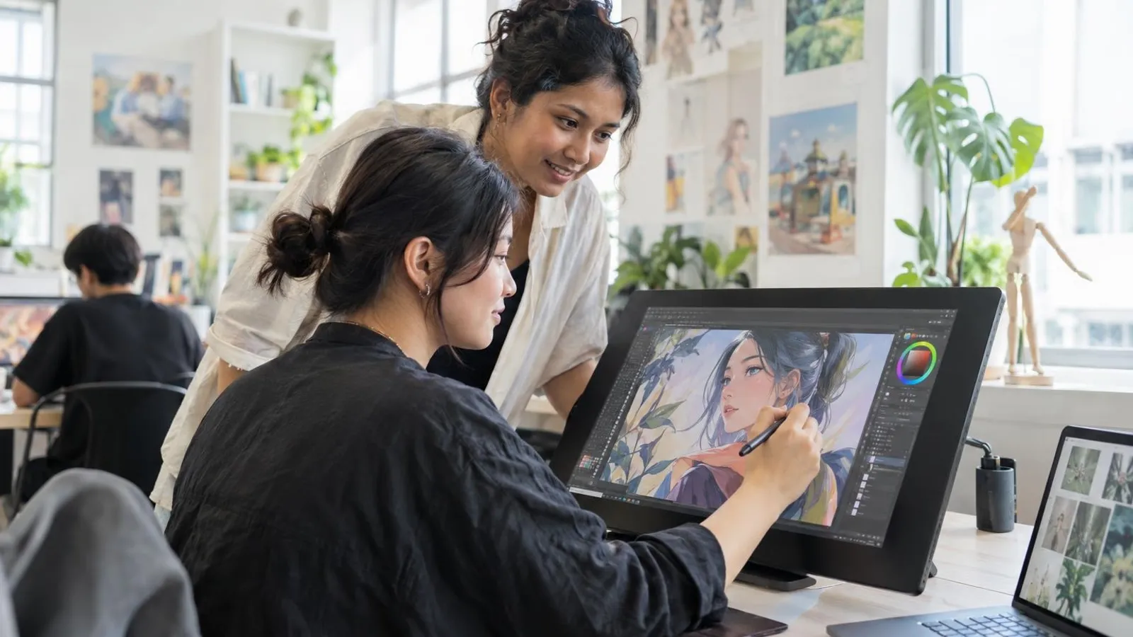 Digital Art and Illustration Classes: a customer and a provider in a bright, modern setting