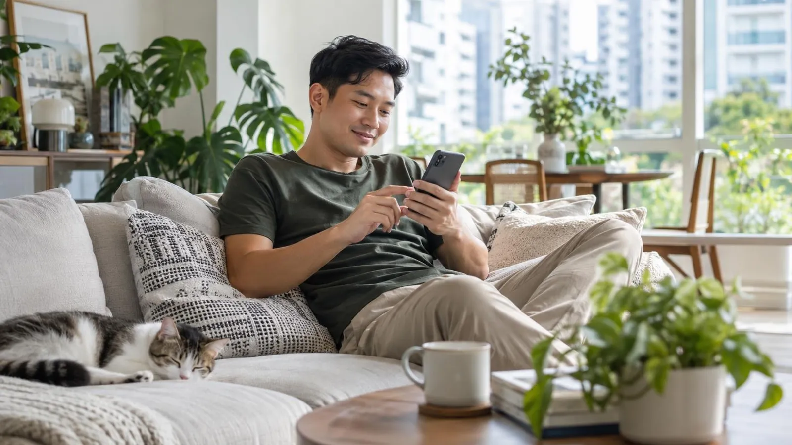 A man relaxing on a sofa at home with his smartphone beside a sleeping cat