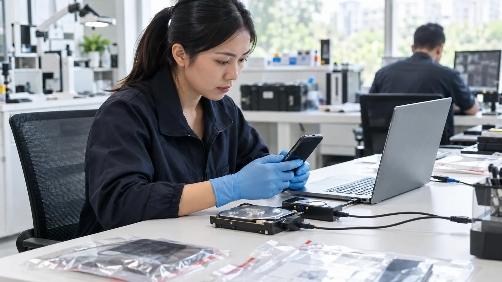 A digital forensics analyst examining a phone and hard drive connected to a write-blocker beside a laptop in a clean lab