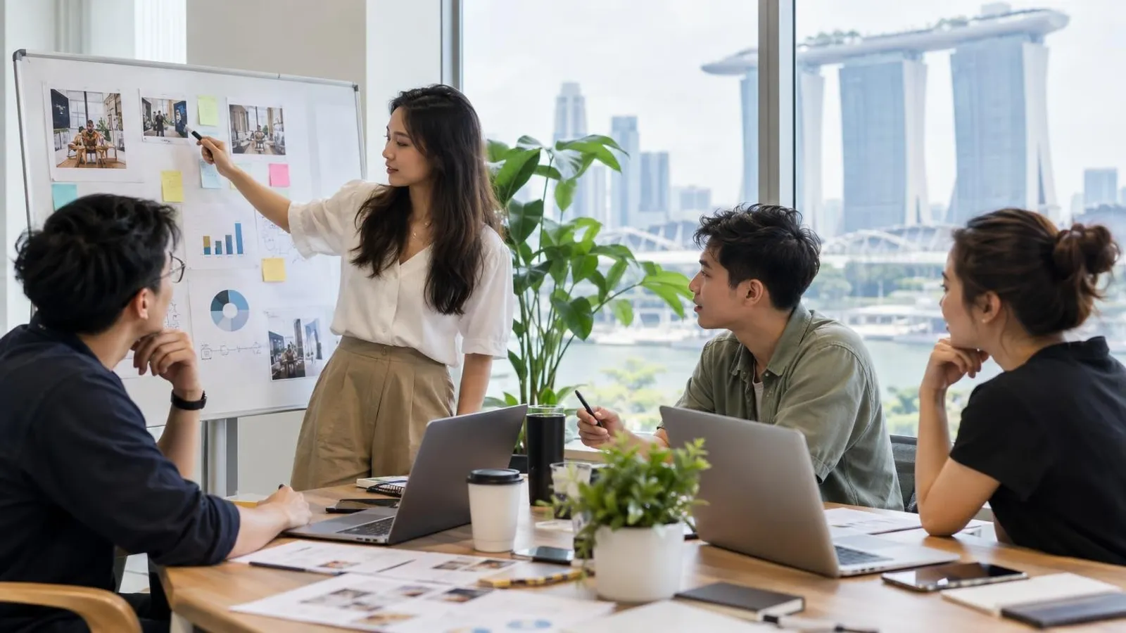 A marketing team reviewing a campaign plan with charts on a whiteboard in a Singapore agency