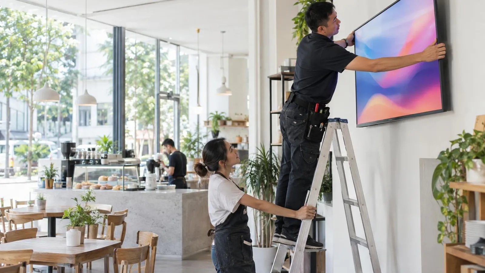 A technician mounting a large digital display screen on the wall of a bright modern cafe while a staff member holds the ladder