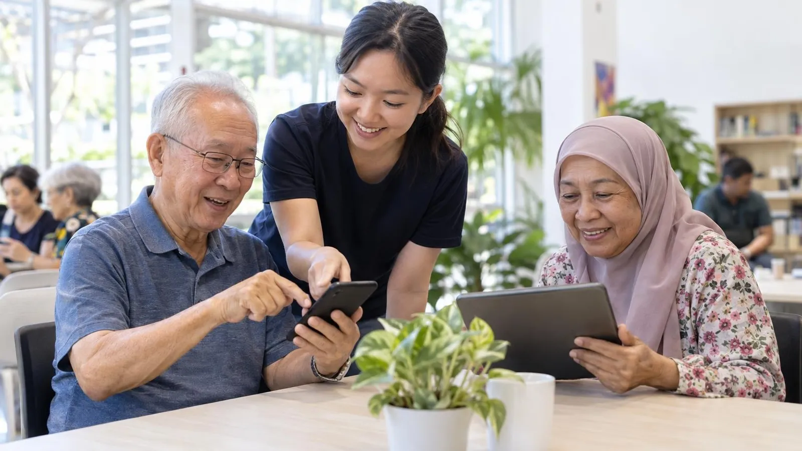 A young volunteer teaching two seniors how to use a smartphone and tablet at a bright community centre table