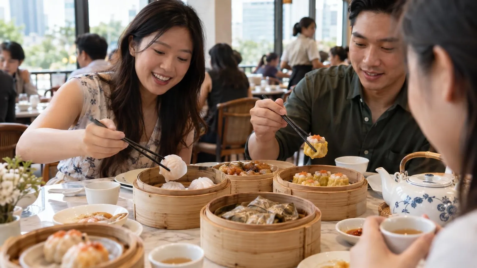 Bamboo steamer baskets of dim sum with Chinese tea at a Singapore restaurant