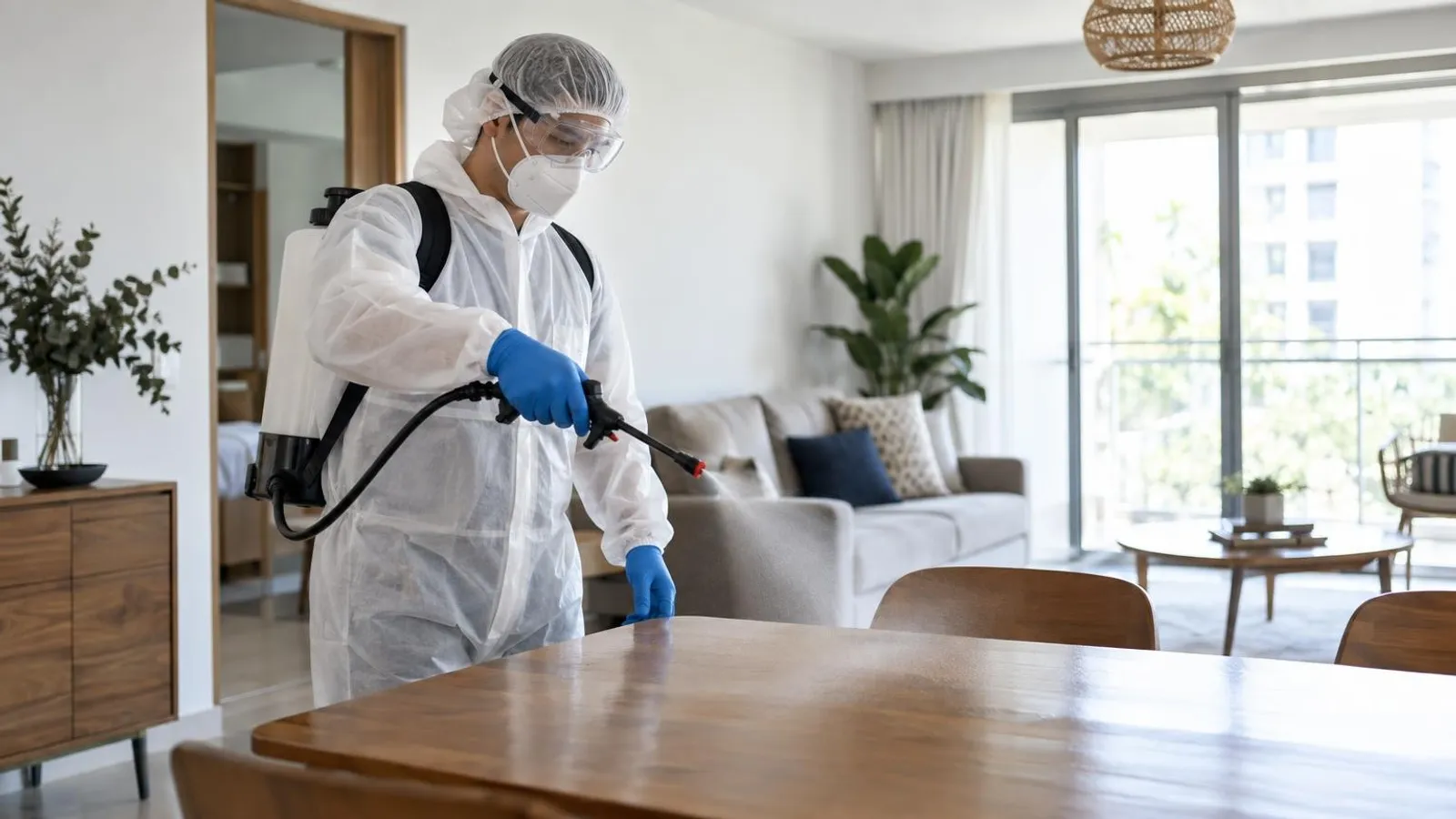 A disinfection technician in protective gear misting sanitiser over surfaces in a bright home