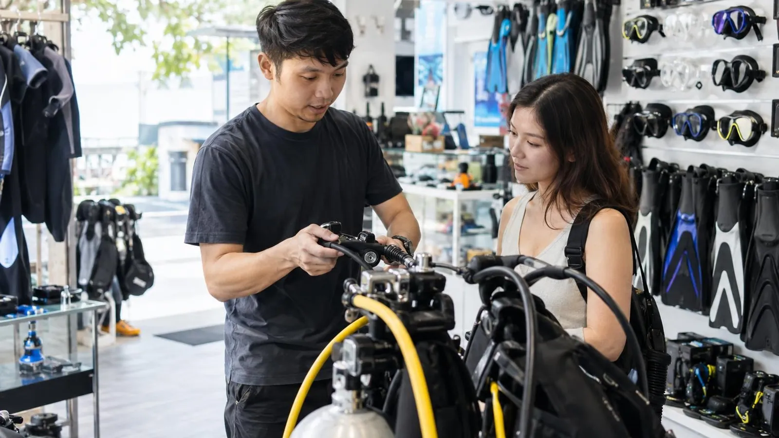 Dive Shops and Diving Equipment Stores: a customer and a provider in a bright, modern setting