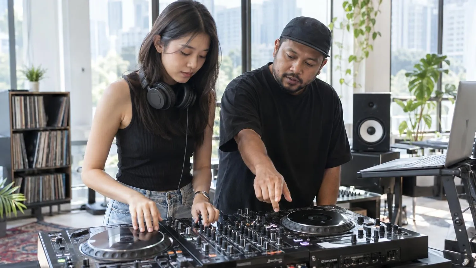 A young woman learning on a DJ controller as her instructor points at the decks in a bright studio