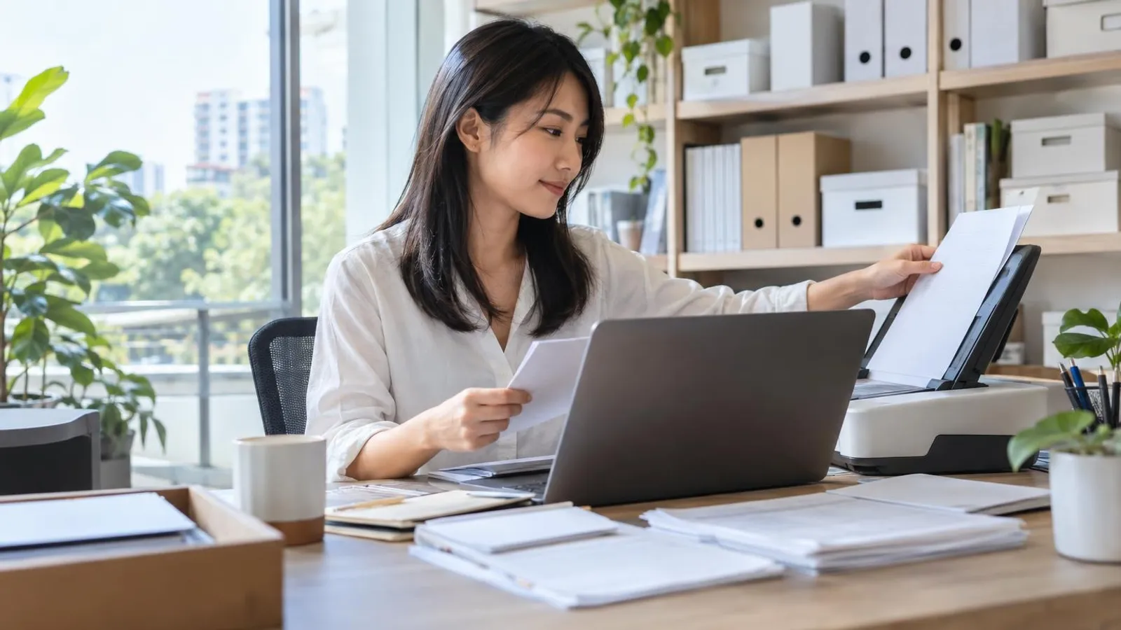 An office worker scanning a paper document into a tidy digital filing system on a laptop at a bright desk