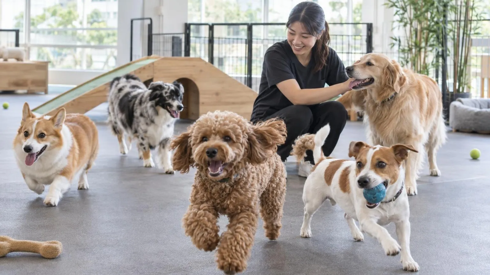 Dogs playing together with a carer in a bright indoor dog boarding space in Singapore