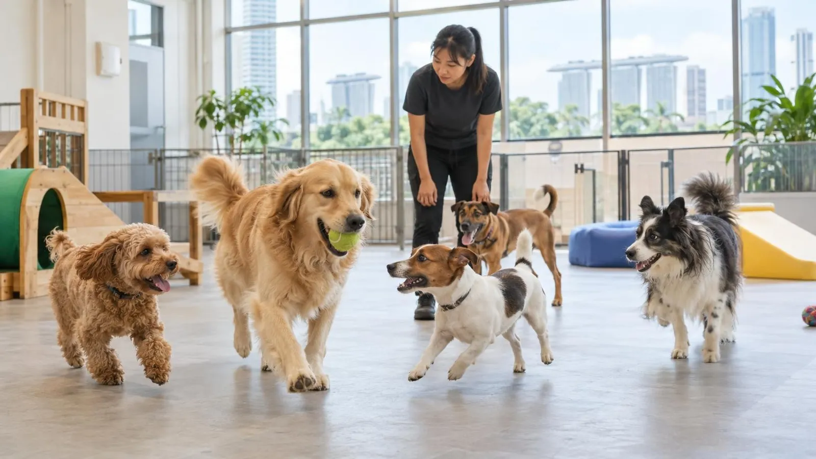 Several dogs playing together with a staff member supervising in a bright indoor dog daycare