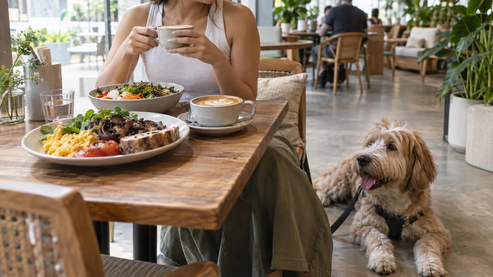 A bright dog-friendly cafe in Singapore with brunch food, coffee and a happy dog resting by the seating