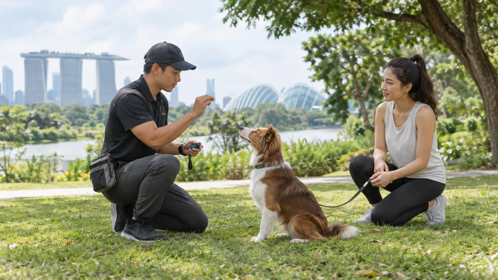 A dog trainer teaching a dog with a clicker and treat as the owner watches in a Singapore park