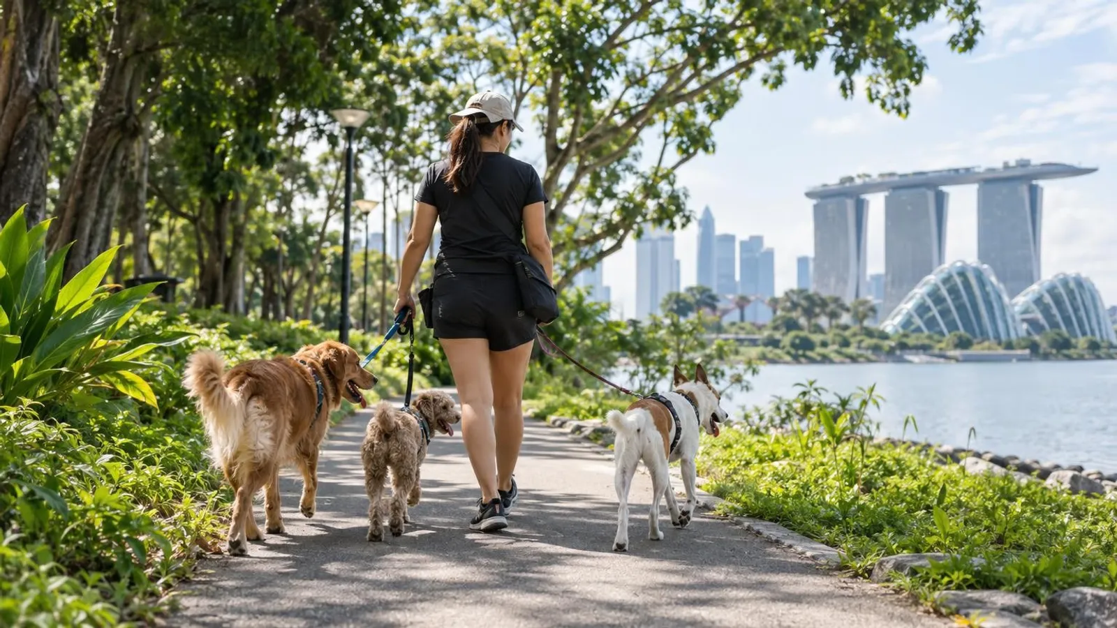 A dog walker leading happy dogs on leashes along a leafy Singapore park path on a sunny day