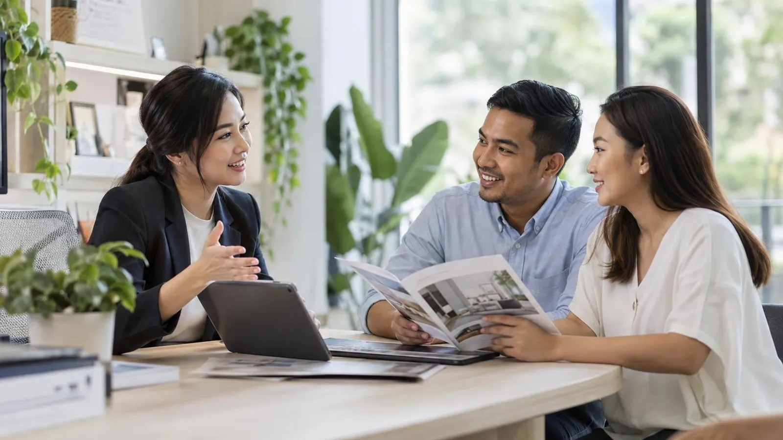 A consultant at an agency desk speaking with a couple who hold a brochure