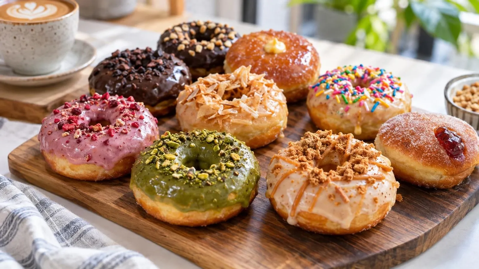 A colourful assortment of gourmet Singapore donuts with glossy glazes, sprinkles and fillings